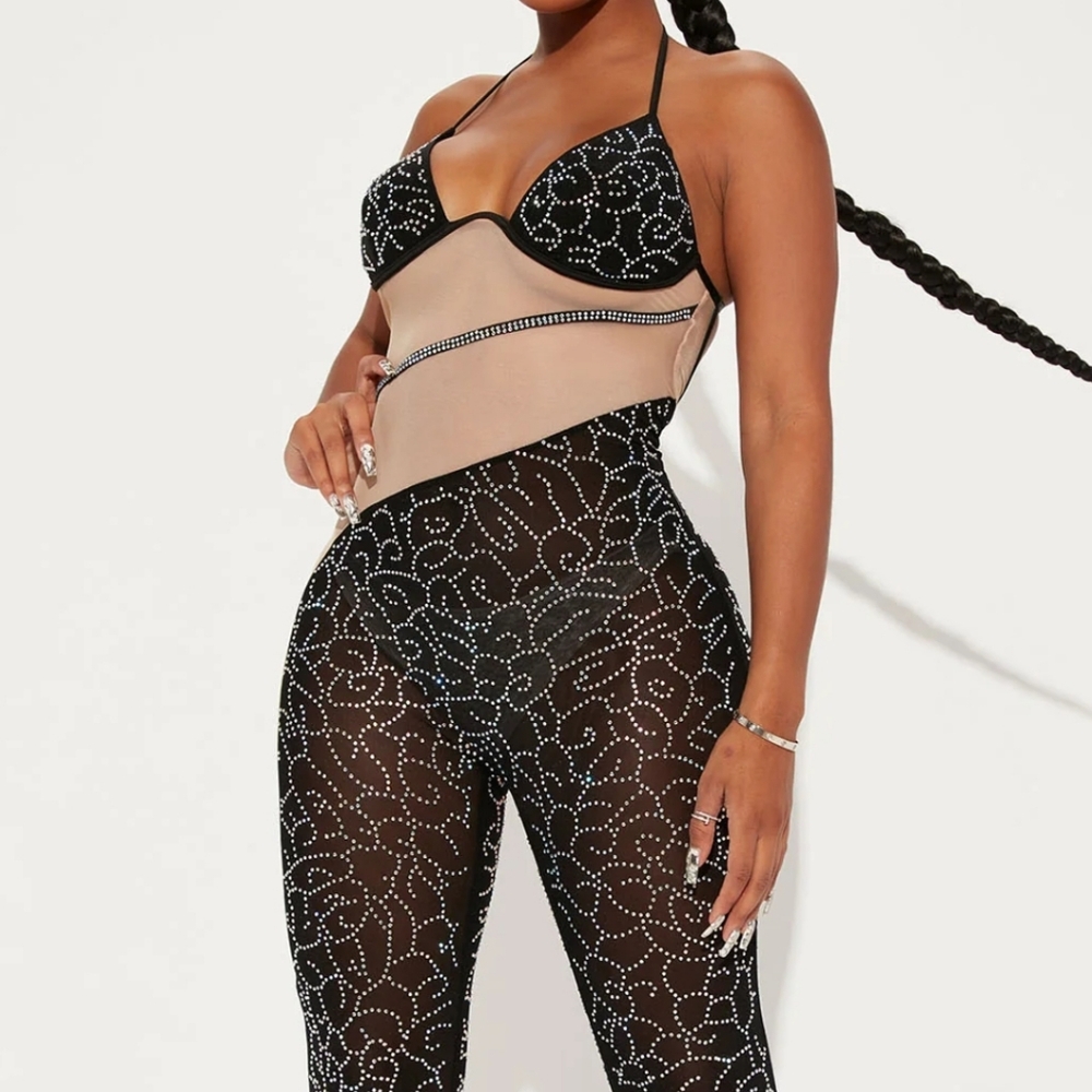 NWT, Fashion Nova, Party Girl Embellished Jumpsuit, Bodysuit, Black & Sheer, XL